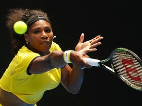 Serena Williams hits a shot during her quarterfinal match against Maria Sharapova at the Australian Open in Melbourne, Australia, January 26, 2016. (REUTERS/Issei Kato)