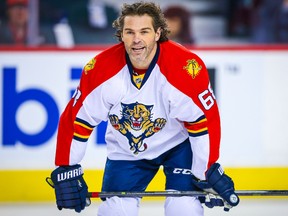 Florida Panthers right winger Jaromir Jagr skates during the warm-up against the Calgary Flames at Scotiabank Saddledome in Calgary on Jan. 13, 2016. (Sergei Belski/USA TODAY Sports)