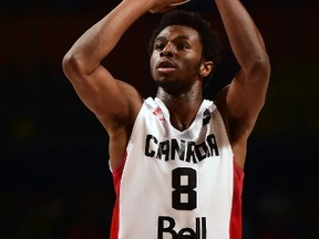 Canada's Andrew Wiggins shoots to score against Venezuela during a FIBA Americas Championship game at the Sport Palace in Mexico City on Sept. 3, 2015. (AFP PHOTO/RONALDO SCHEMIDT)