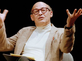 In this July 14, 1987, file photo, Marvin Minsky, speaks to the audience during a panel discussion at the Paramount Theater in Seattle.  (AP Photo/Robert Kaiser, File)