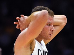 Los Angeles Clippers forward Blake Griffin reacts to a foul call during the first half of an NBA basketball game against the Golden State Warriors in L.A. on Nov. 19, 2015. (AP Photo/Mark J. Terrill)
