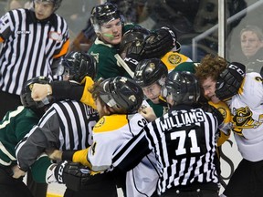 Several fights broke out between the London Knights and Sarnia Sting with 1:21 left in their OHL hockey game in London, Ont. on Sunday January 24, 2016. (DEREK RUTTAN, The London Free Press)