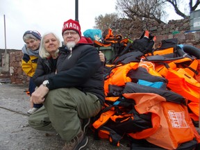 Carol Pellerin, left, Suzanne Semple and Chuck Semple of Port Stanley are helping migrants in Molyvos Harbour in Lesbos, Greece. (Supplied photo)