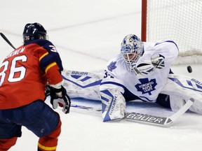 Florida Panthers winger Jussi Jokinen (36) scores on Toronto Maple Leafs goalie James Reimer during the second period Tuesday, Jan. 26, 2016, in Sunrise, Fla. (AP Photo/Alan Diaz)