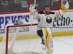 Buffalo Sabres goalie Robin Lehner celebrates his win over the Senators on Jan. 26. (Tony Caldwell, Ottawa Sun)