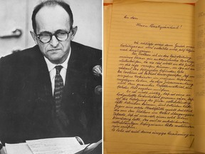 A handwritten request for clemency by Adolf Eichmann, an architect of the Nazi Holocaust, is seen during a ceremony to mark 55 years since the Eichmann trial of at Israeli President Reuven Rivlin's residence in Jerusalem Jan. 27, 2016. (Postmedia File Photo/REUTERS/Ammar Awad)