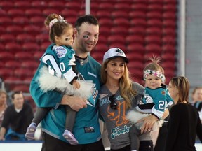 John Scott of the San Jose Sharks takes part in the family skate at Levi's Stadium in Santa Clara, Calif., on Feb. 20, 2015. (Bruce Bennett/Getty Images/AFP)