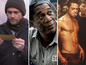Jim Carrey in Eternal Sunshine of the Spotless Mind; Morgan Freeman in The Shawshank Redemption; and Brad Pitt in Fight Club. (Handout photos)