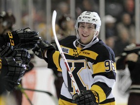 Kingston Frontenacs’ Spencer Watson celebrates a goal against the Peterborough Petes during Ontario Hockey League action at the Rogers K-Rock Centre on Dec. 5. (Ian MacAlpine/The Whig-Standard)
