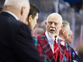 Don Cherry talks to his assistant coaches during the 2015 Top Prospects Game at the Meridian Centre in St. Catharines. (Bob Tymczyszyn/Postmedia Network)