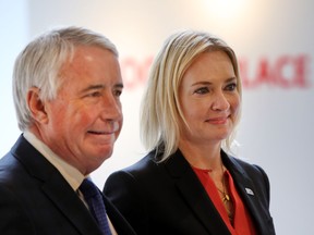 Bob Nicholson (left) and Susan Darrington speak to media in this file photo from the summer. They headhunted a husband-wife pair to be assistant GMs at Rogers Place. (File)