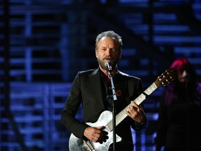 In this Nov. 18, 2015 file photo, Sting performs at Shining a Light: A Concert for Progress on Race in America at the Shrine Auditorium in Los Angeles. Sting is trading "Fields of Gold" for a court of stars. The Grammy-winning artist known for hits like "Roxanne" and "Desert Rose" will perform the halftime show at the NBA All-Star Game on Feb. 14, 2016, at the Air Canada Centre in Toronto. (Photo by Rich Fury/Invision/AP, File)