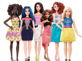 Mattel Inc., the maker of the famous plastic doll, says it will start selling Barbie's in three new body types -- tall, curvy and petite. She'll also come in seven skin tones, 22 eye colours and 24 hairstyles. (Handout: Mattel)