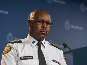 Toronto Police Chief Mark Saunders speaks during a press conference in response to verdict in Forcillo trial on Jan. 25, 2016. (Aaron Vincent Elkaim/The Canadian Press)