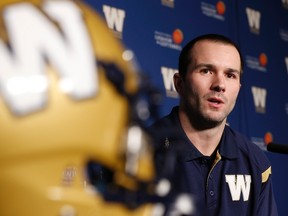 Newly-signed Winnipeg Blue Bombers receiver Weston Dressler speaks to media in Winnipeg on Wednesday. Dressler has signed a two-year contract with the Bombers after several years of hauling in passes for the Saskatchewan Roughriders. (THE CANADIAN PRESS/John Woods)