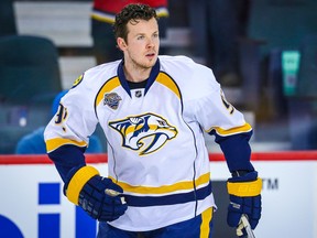 Nashville Predators centre Ryan Johansen skates during warm-up against the Calgary Flames at Scotiabank Saddledome in Calgary on Jan. 27, 2016. (Sergei Belski/USA TODAY Sports)