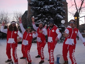 L-R: Members of Team Canada, Nathan Thoen, Chris Dziki, Chad Reynolds, Quinten Thoen and Tyler Maltman, left, are headed to Japan for the 28th Annual Showa Shinzan International Yukigassen World Championships in February. They hope a Jan. 31 attempt to break the world record for the largest snowball fight will act as a sendoff for them before they leave to compete. (MORGAN MODJESKI/SASKATOON STARPHOENIX)