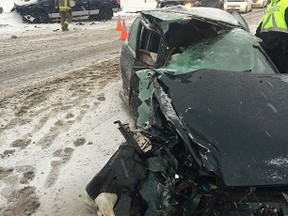 Police say the driver of this Honda Civic, who suffered a broken leg in an accident on the Knigsway Thursday morning, was lucky her injuries were not worse. Submitted photo