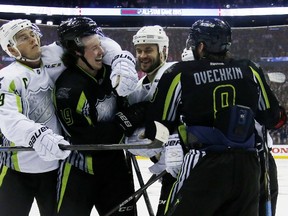 Jonathan Toews of the Chicago Blackhawks jokes around with Ryan Johansen of the Columbus Blue Jackets and others during the 2015 NHL All-Star Game at Nationwide Arena in Columbus on Jan. 25, 2015. (Gregory Shamus/Getty Images/AFP)