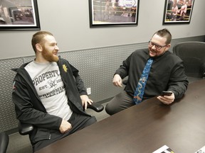 World Wrestling Entertainment NXT star Sami Zayn, left, of Montreal is interviewed by The Whig's Jan Murphy during a media day at the WWE Performance Center in Orlando, Fla. (Courtesy World Wrestling Entertainment)