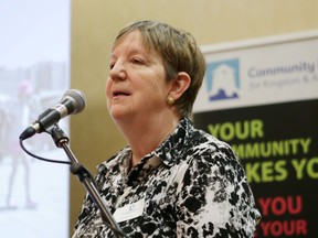 Cheryl Hitchen from the City of Kingston talks about the municipality’s preparations for the potential arrival of government-sponsored refugees from Syria at the Community Foundation for Kingston and Area speaker series discussion on Thursday. (Elliot Ferguson/The Whig-Standard)