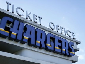 A Chargers ticket office sign is pictured at Qualcomm Stadium in San Diego on Jan. 14, 2016. The Chargers reportedly purchased land in Orange County for an interim practice facility and team headquarters should the franchise choose to move to Los Angeles. (Mike Blake/Reuters)
