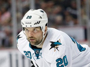 This is an Oct. 26, 2014, file photo showing San Jose Sharks’ John Scott during a game against the Anaheim Ducks, in Anaheim, Calif. (AP Photo/Jae C. Hong, File)