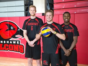 Homegrown Falcons James Jackson, left, Sebastian Lethbridge and Andre Foreman have helped lift Fanshawe to the No. 2 ranking in the country. (DEREK RUTTAN, The London Free Press)