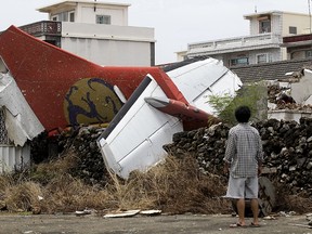 A man stands in his backyard and looks at the wreckage of a TransAsia Airways turboprop plane that crashed on Taiwan's offshore island Penghu in this July 24, 2014 file photo. (REUTERS/Pichi Chuang/Files)