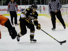 Franco Sproviero of the Sarnia Sting receives a pass at the point during the Ontario Hockey League game against the Flint Firebirds at the Sarnia Sports and Entertainment Centre on Friday, Jan. 29, 2016 in Sarnia, Ont. Sproviero picked up his first-career OHL point with an assist on teammate Josh Jacobs' goal. (Terry Bridge, The Observer)