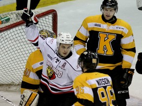 Owen Sound Attack Bryson Cianfrone celebrates his team's second goal against the Kingston Frontenacs during Ontario Hockey League action at the Rogers K-Rock Centre in Kingston on Friday. Looking on is Spencer Watson and Warren Foegele. (Ian MacAlpine/The Whig-Standard)