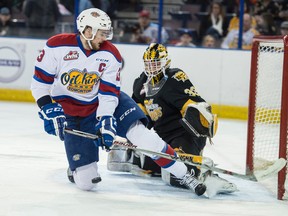 Oil Kings captain Brandon Baddock is stymied by Wheat Kings goalie Jordan Papirny during the first period of Friday's game at Rexall Place. (Shaughn Butts)