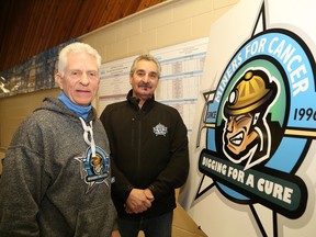 Phil Perras, left, board member of Miners for Cancer, and Wayne Tonelli, co-founder and president of Miners for Cancer, organize last-minute details for the organizations hockey tournament at the T.M. Davies Community Centre in Lively, Ont. on Friday January 29, 2016. The group donated $100,000 to the Sam Bruno PET Steering Committee on Friday evening at the opening of the Allan Epps Memorial Hockey Challenge. John Lappa/Sudbury Star/Postmedia Network