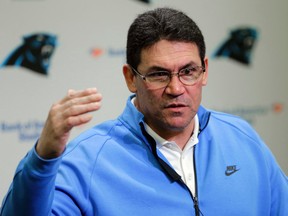 Carolina Panthers NFL football head coach Ron Rivera speaks to the media during a news conference in Charlotte, N.C., Monday, Jan. 25, 2016. The Panthers will face the Denver Broncos in Super Bowl 50 on Feb. 7, 2016. (AP Photo/Chuck Burton)