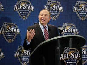NHL commissioner Gary Bettman answers a question during a news conference before the NHL All-Star hockey game skills competition, Saturday, Jan. 30, 2016, in Nashville, Tenn. (AP Photo/Mark Humphrey)
