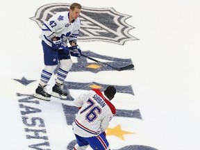 Forward Leo Komarov of the Maple Leafs and defenceman P.K. Subban of the Canadiens warm up prior to the all-star game skills competition on Saturday night in Nashville. (USA TODAY SPORTS/PHOTO)