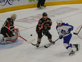 Marlies forward Josh Leivo tries to put one past Binghamton Senators goalie Chris Driedger at Ricoh Coliseum on Saturday night. Leivo had two goals and two assists in his team’s 6-5 defeat. (Dave Thomas/Toronto Sun)