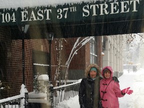 Christopher Carline/For The Sudbury Star 
Hardy Manitoulin Island resident Marlene Jewell from Providence Bay and our Bonnie playing out in the Manhattan Island blizzard — with commentary and perspective. Of course, they tromped and shopped.