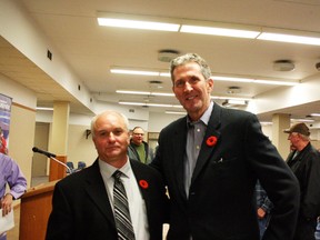 Newly minted Selkirk Progressive Conservative candidate David Horbas (left) with Manitoba PC leader Brian Pallister (right) at the Nov. 6, 2014 Selkirk PC nomination meeting in at the Selkirk Recreation Centre in Selkirk, Manitoba. Selkirk is 35 kilometres north of Winnipeg. (Glen Hallick, Interlake Publishing, Postmedia Network)