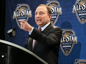 NHL commissioner Gary Bettman takes a question during a news conference before the NHL All-Star hockey game skills competition Saturday, Jan. 30, 2016, in Nashville, Tenn. (AP Photo/Mark Humphrey)
