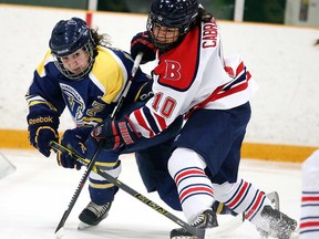 Laurentian Voygeurs Jessica Staats and Brock Badgers Brittney Cabral battle for the puck during OUA womens hockey action in Sudbury, Ont. on Sunday January 31, 2016.