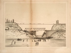 A drawing of the 1857 swing bridge disaster shows the casualties being carted away on the frozen Desjardin Canal after a train carrying 90 people derailed on the bridge. Toronto Public Library/Special to Postmedia Network