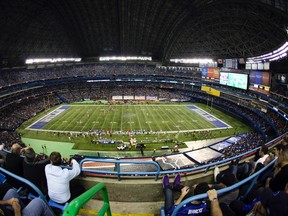 A general view of the Rogers Centre during the Buffalo Bills and Washington Redskins NFL football game in Toronto, in this October 30, 2011 file photo. The National Football League said on Monday it will let the fans decide whether the Bills delivered more than a win during their annual trip north to Canada to play a regular season game. On the scoreboard, Sunday's 23-0 rout of the Redskins was a massive success for the Bills team, but on the streets surrounding the Rogers Centre it was not so easy to determine if NFL fans were also big winners.  REUTERS/Mark Blinch/Files