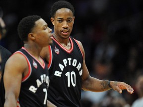 Toronto Raptors guard DeMar DeRozan (10) speaks with guard Kyle Lowry (7) during a stoppage in play against Los Angeles Clippers during the second half at Staples Center. Gary A. Vasquez-USA TODAY Sports