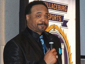 Former Toronto Blue Jays all-star outfielder Jesse Barfield speaks Saturday during the Wallaceburg Sports Hall of Fame dinner and induction ceremony. (DAVID GOUGH)