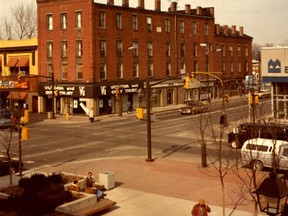 The Eberts Block, northwest corner of King and Fifth streets, erected in 1856. John Waddell Jr.'s store was in the extreme left of the building. Photo taken in 1983. At the time, the building was home to Victoria and Grey Trust.