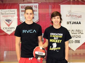 Grade 9 students Ty Stenhouse, left, and Kent Jackson, right, will represent the Northeast Zone in volleyball at the Alberta Winter Games, scheduled to be held Feb. 10-13 in Medicine Hat.