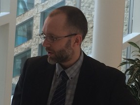 Edmonton street preacher Nehemia Smeding discussing proposed amplified noise bylaw at City Hall Feb. 1, 2016.Gordon Kent/Postmedia Network