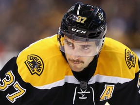Patrice Bergeron of the Boston Bruins looks on during a game against the San Jose Sharks at TD Garden on November 17, 2015 in Boston. (Maddie Meyer/Getty Images/AFP)