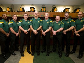 The Eskimos coaching staff for the 2016 season has been named. Left to right are Barron Miles, Defensive Backs/Player Development;  Casey Creehan, Defensive Line; Mike Benevides, Defensive Coordinator/Assistant Head Coach; Head Coach Jason Maas; Mike Gibson, Offensive Line/Run Game Co-ordinator; Cory McDiarmid, Special Teams Co-ordinator; Tim Prinsen, Running Backs; and Jordan Maksymic, Quarterbacks. (Greg Southam)